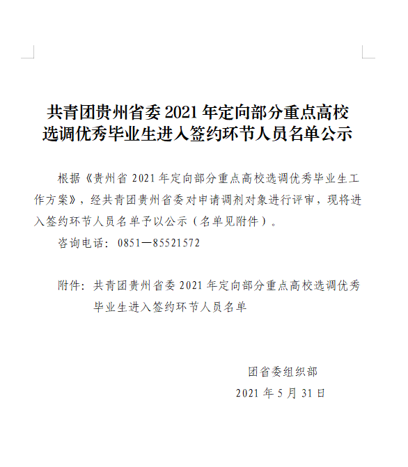 共青团贵州省委2021年定向部分重点高校选调优秀毕业生进入签约环节人员名单公示